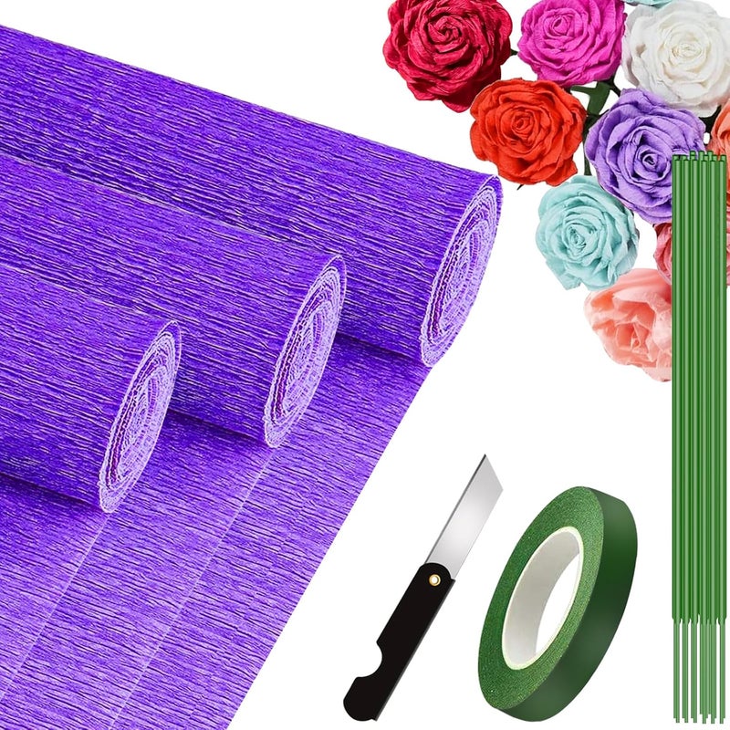 VNAKER Crepe Paper Purple (9.8Inch x 8.2Ft/3Rolls), Crepe Paper Sheet for Flower Making, Crepe Paper for Valentine's Day Birthday Wedding Party Decoration DIY Craft - Image 1